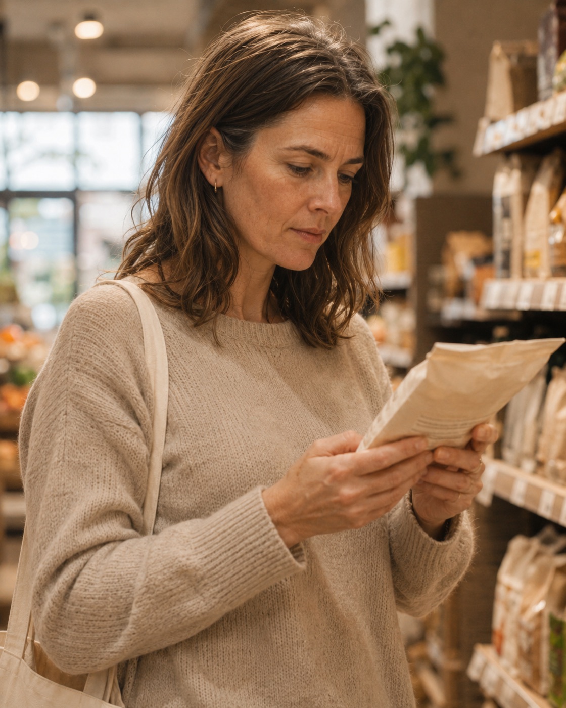 Woman reading a product label in a shop