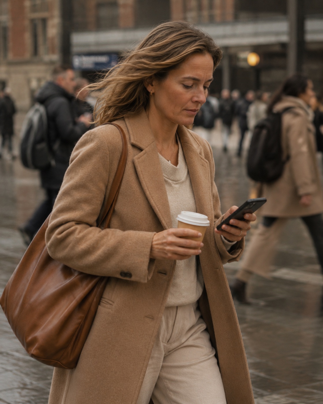 Woman on the move through the city during a busy day